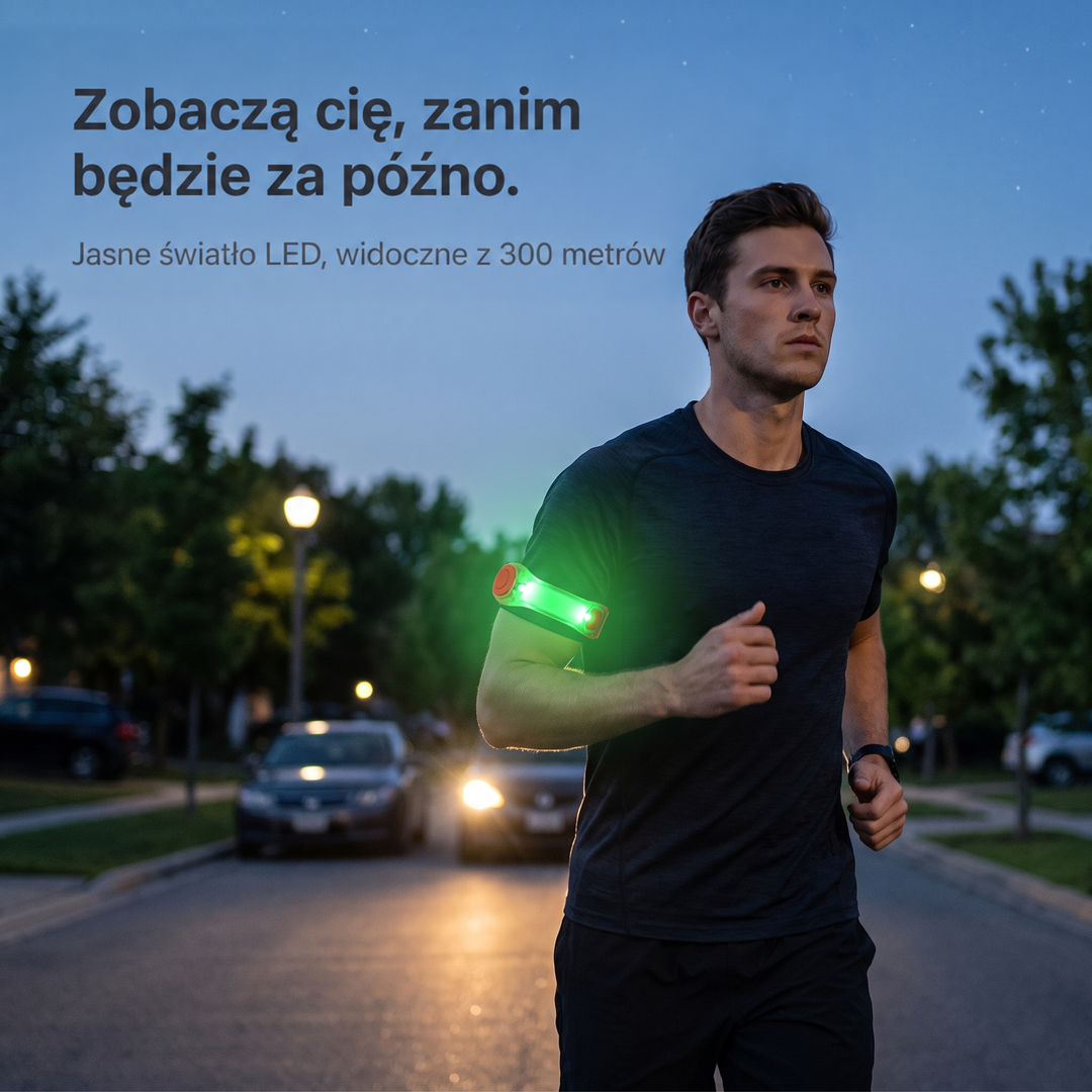 Biegacz na wieczornej ulicy z opaską na ramieniu świecącą na zielono 2