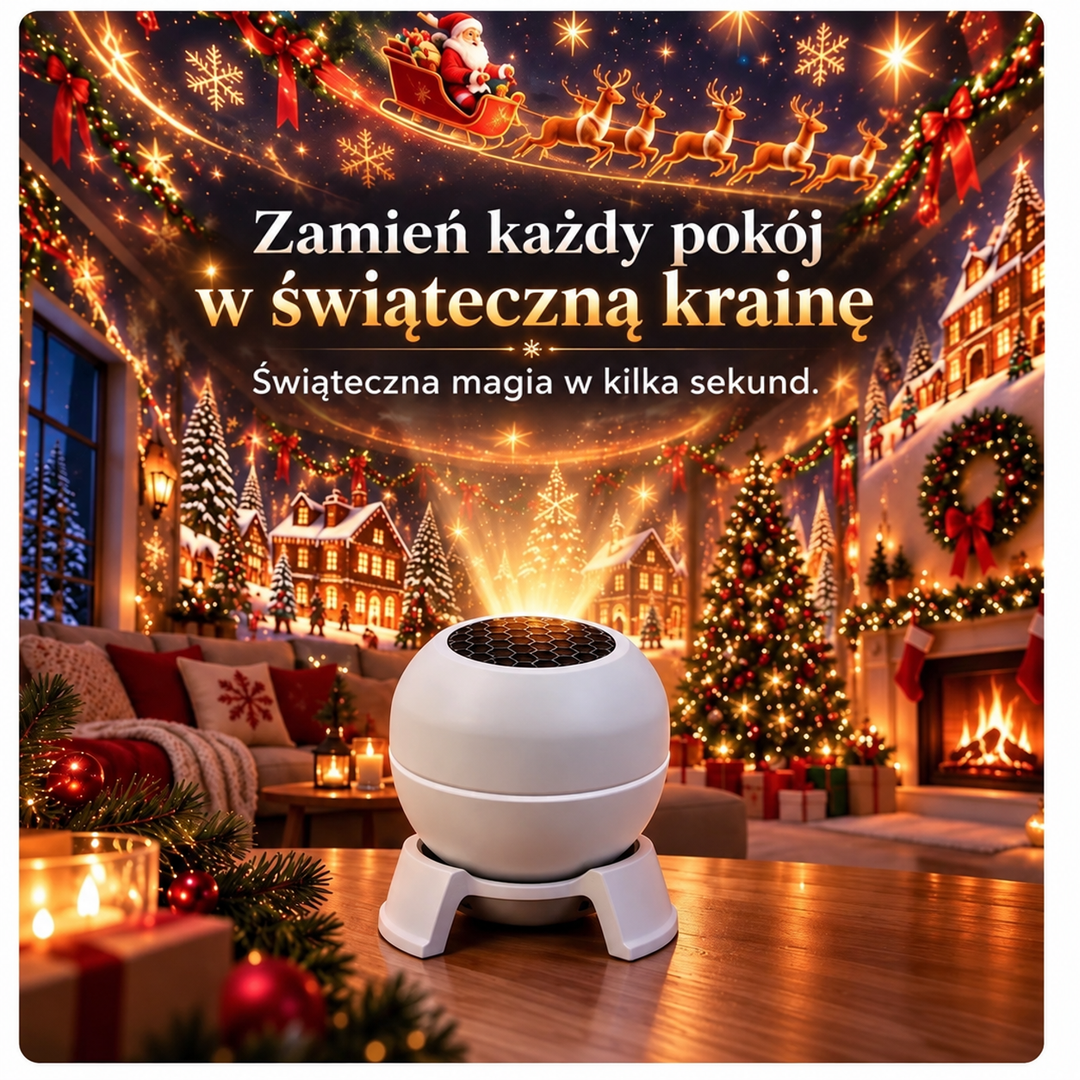 Biały projektor na stojaku na drewnianym blacie, a ściany salonu pokrywa projekcja świątecznego miasteczka 2