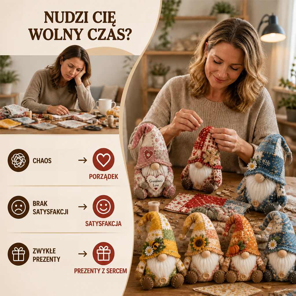 Zestawienie nudnego wieczoru z radosnym szyciem: kobieta tworzy skrzata, przed nią siedem kolorowych patchworkowych skrzatów 2