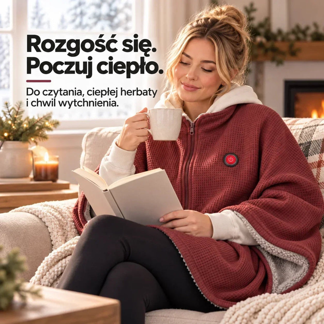 Kobieta w bordowej narzucie czyta książkę i pije z kubka na sofie przy kominku 10