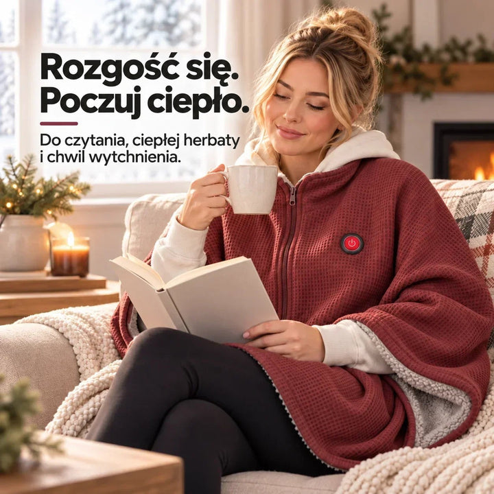 Kobieta w bordowej narzucie czyta książkę i pije z kubka na sofie przy kominku 10