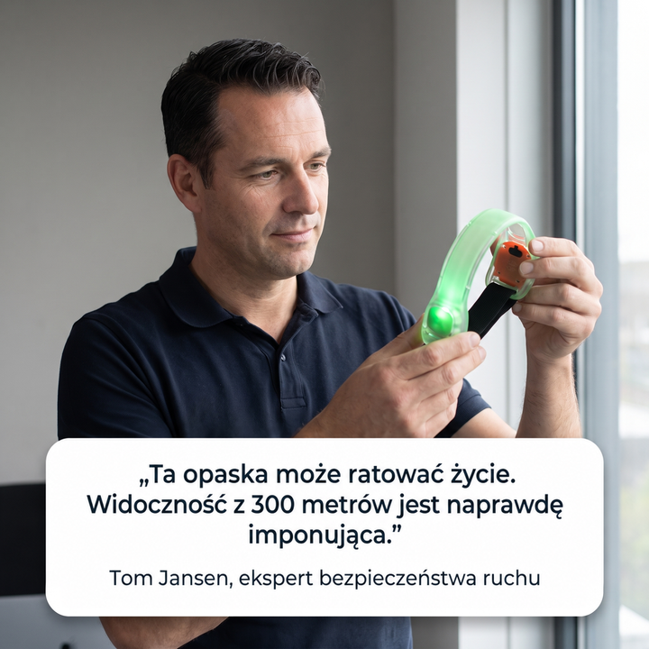 Mężczyzna w polo ogląda w dłoniach świecącą na zielono opaskę z czarnym paskiem 7