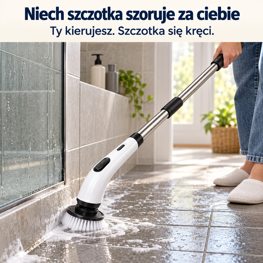 Szczotka szoruje pianą styk podłogi i szklanej kabiny prysznicowej, widać nogi użytkownika 11