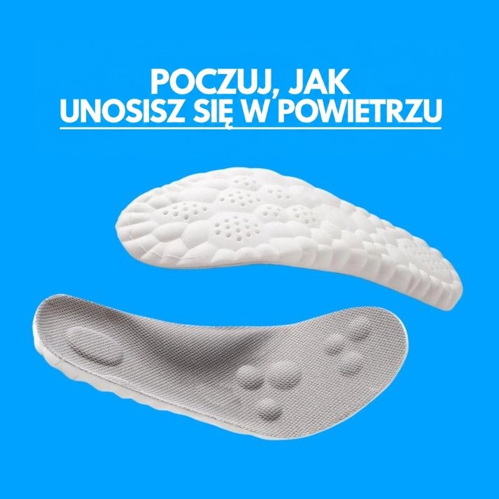 Dwie wkładki ułożone naprzeciw siebie: jedna spodem z perforowanymi wypustkami, druga szarą siatkową stroną z punktami masującymi, na niebieskim tle. 8