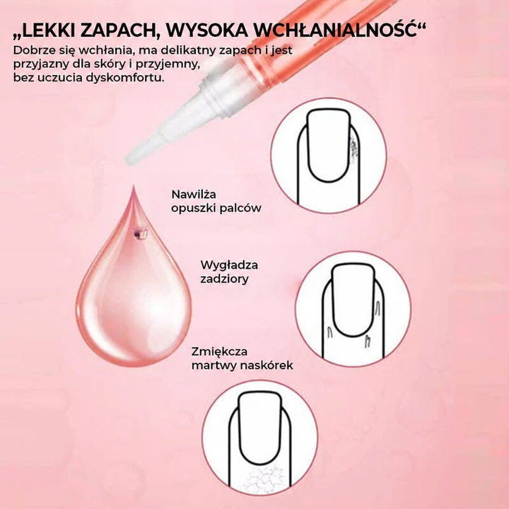 Różowa grafika z pisakiem i kroplą olejku oraz trzema rysunkami palców pokazującymi działanie na skórki 8