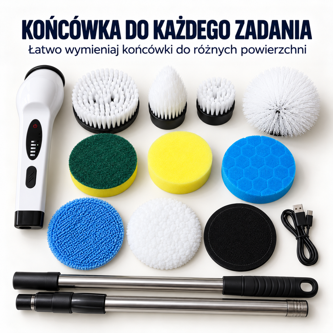 Zestaw: korpus, kij w dwóch częściach, kabel USB oraz szczotki i gąbki do różnych powierzchni 2