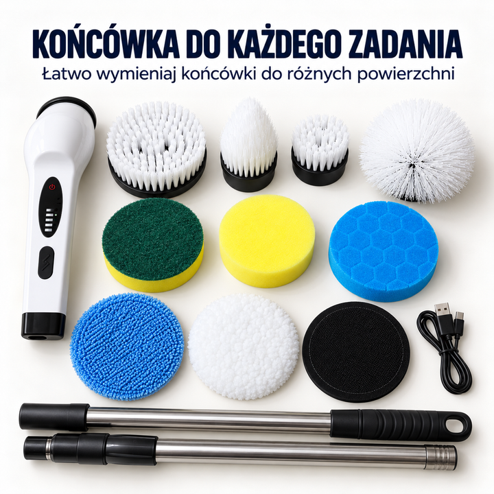 Zestaw: korpus, kij w dwóch częściach, kabel USB oraz szczotki i gąbki do różnych powierzchni 2