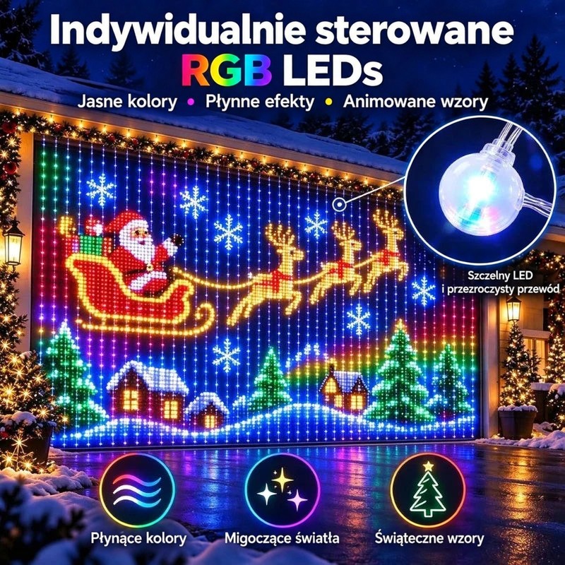 Kurtyna LED na ścianie garażu z Mikołajem na saniach z reniferami oraz zbliżenie na diodę 4