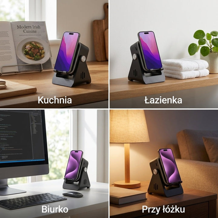Cztery zdjęcia podstawki z telefonem w kuchni, łazience, na biurku i przy łóżku 6
