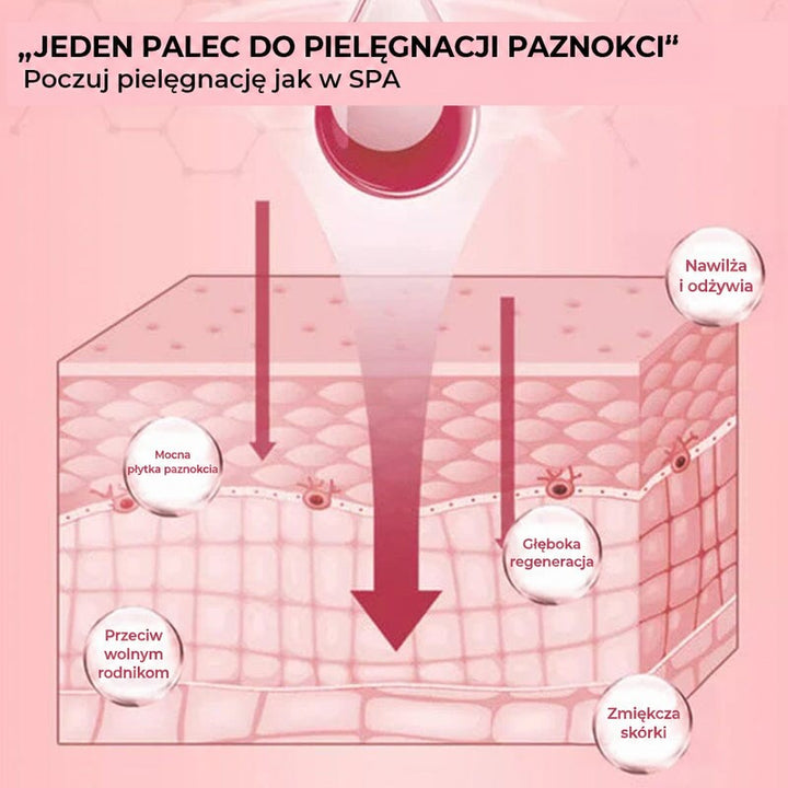 Różowy schemat przekroju skóry pokazujący, jak olejek wnika w głąb i pielęgnuje płytkę paznokcia 7