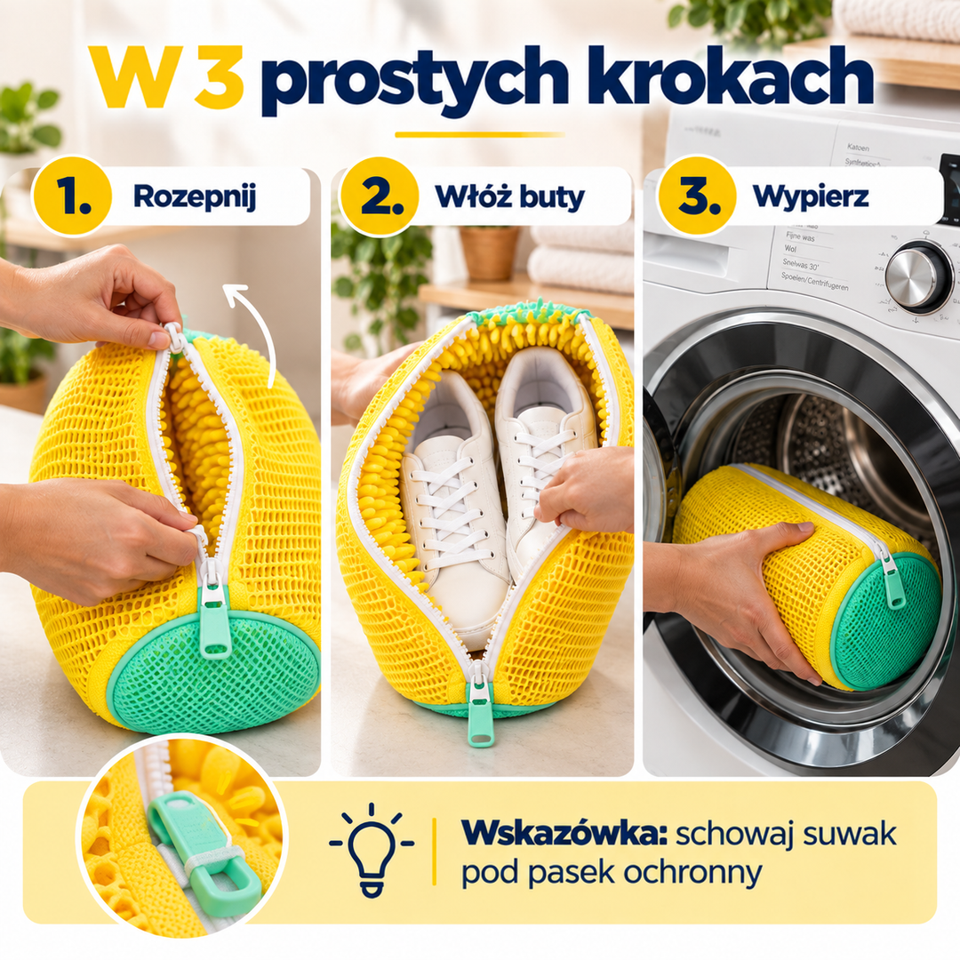 Trzy kroki użycia worka: otwarcie zamka, włożenie butów i umieszczenie worka w pralce 6
