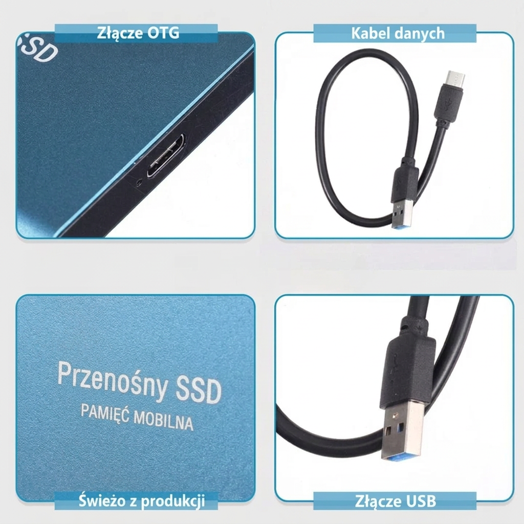 Cztery zbliżenia: port dysku, kabel z wtyczką USB-C, grawer na obudowie i złącze USB-A 7