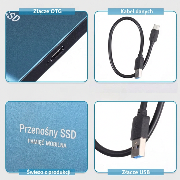 Cztery zbliżenia: port dysku, kabel z wtyczką USB-C, grawer na obudowie i złącze USB-A 7