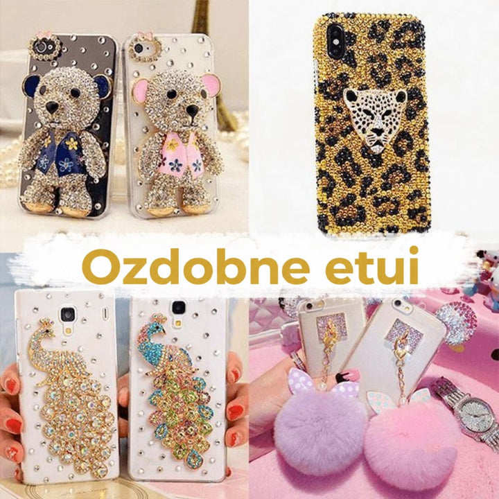 Kolaż czterech etui na telefon ozdobionych cyrkoniami: misie, lamparci wzór, pawie i puszyste pompony 4