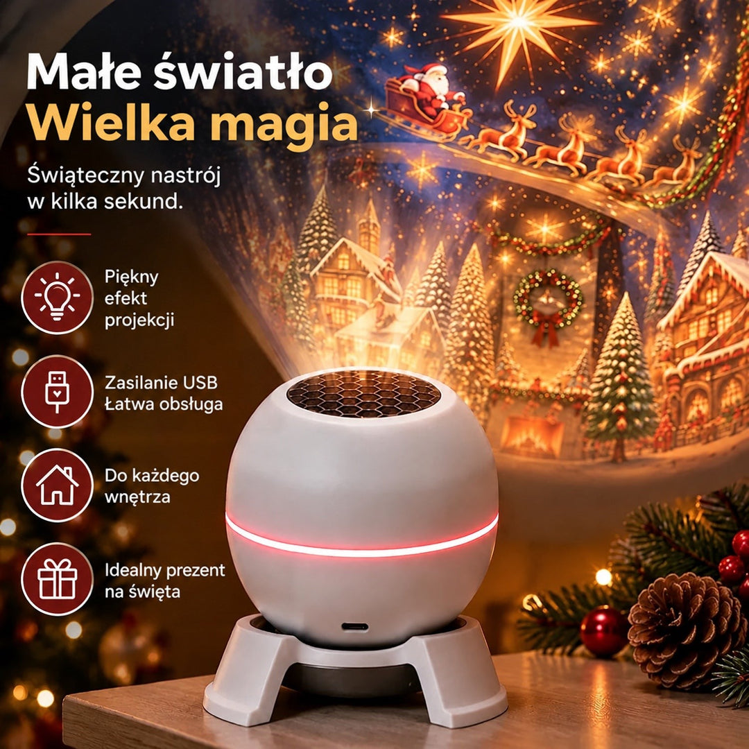 Biały projektor z czerwonym pierścieniem świetlnym na podstawce, obok szyszki i bombek, a na ścianie projekcja 3