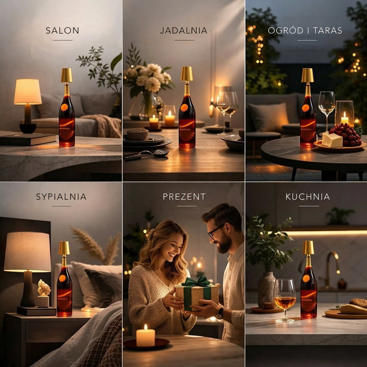Kolaż sześciu scen z lampą na butelce: salon, jadalnia, taras, sypialnia, prezent i kuchnia 5