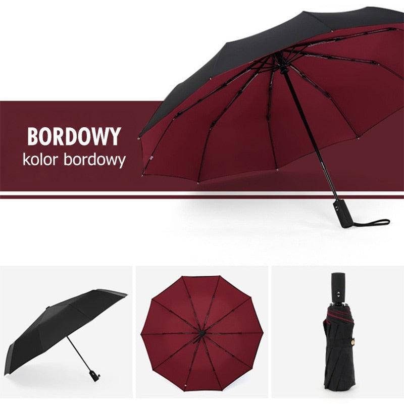 Parasol z czarnym wierzchem i bordowym spodem kopuły, pokazany rozłożony, od spodu i złożony 4