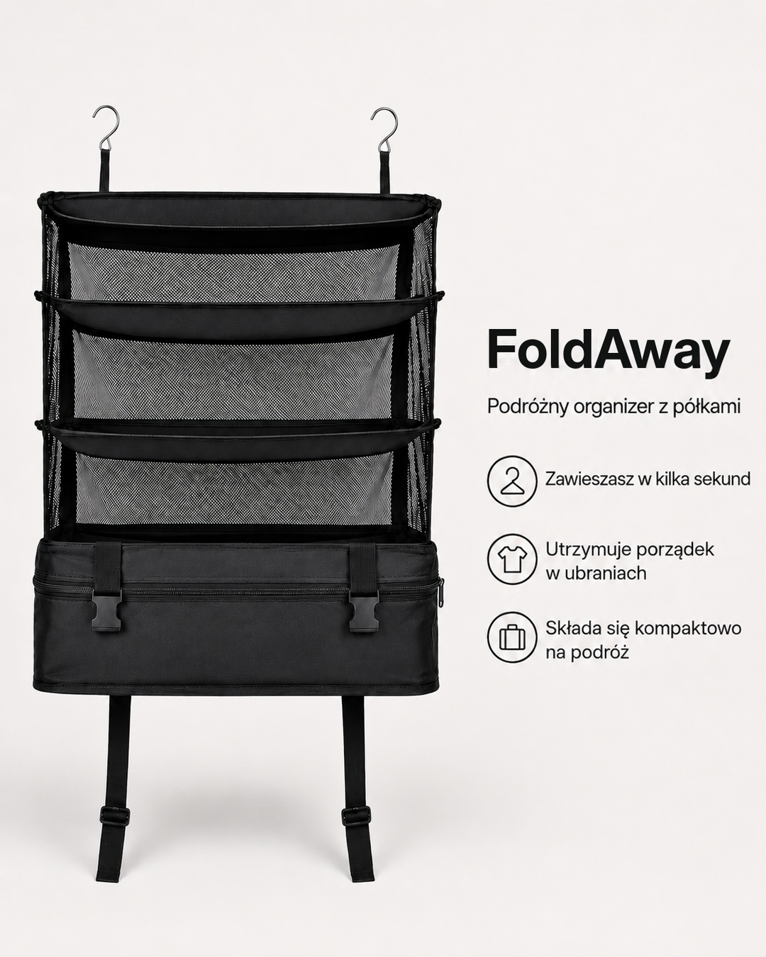 Czarny organizer z trzema siatkowymi półkami, hakami u góry i klamrami przy kieszeni na dole, na jasnym tle 1