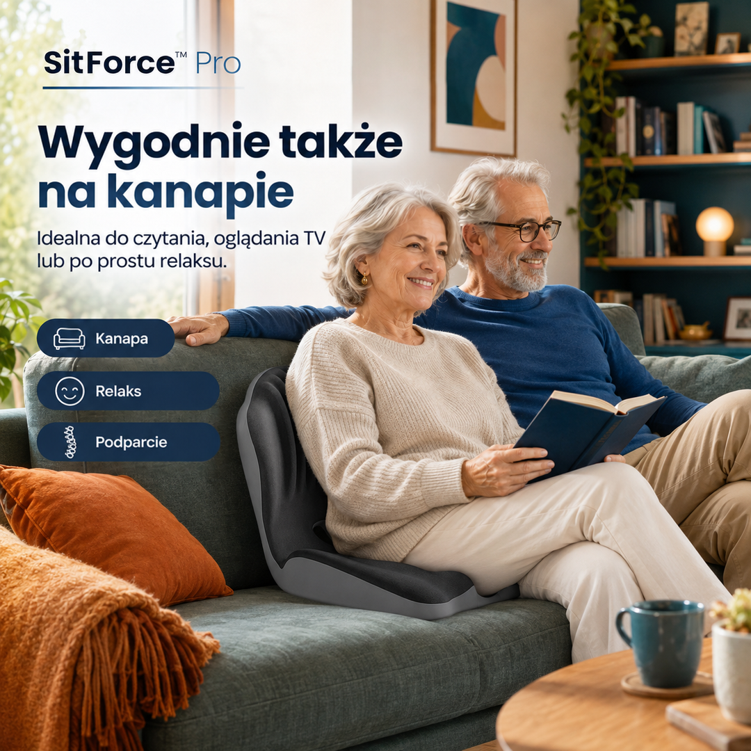 Starsza para siedzi na zielonej kanapie, a kobieta czytając opiera plecy na ergonomicznej poduszce 2
