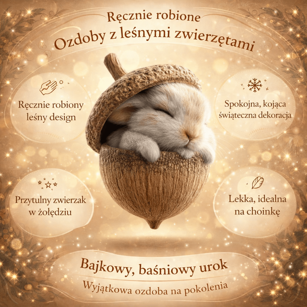 Grafika produktowa z króliczkiem w żołędziu otoczonym ozdobnymi ramkami opisującymi cechy ozdoby 7