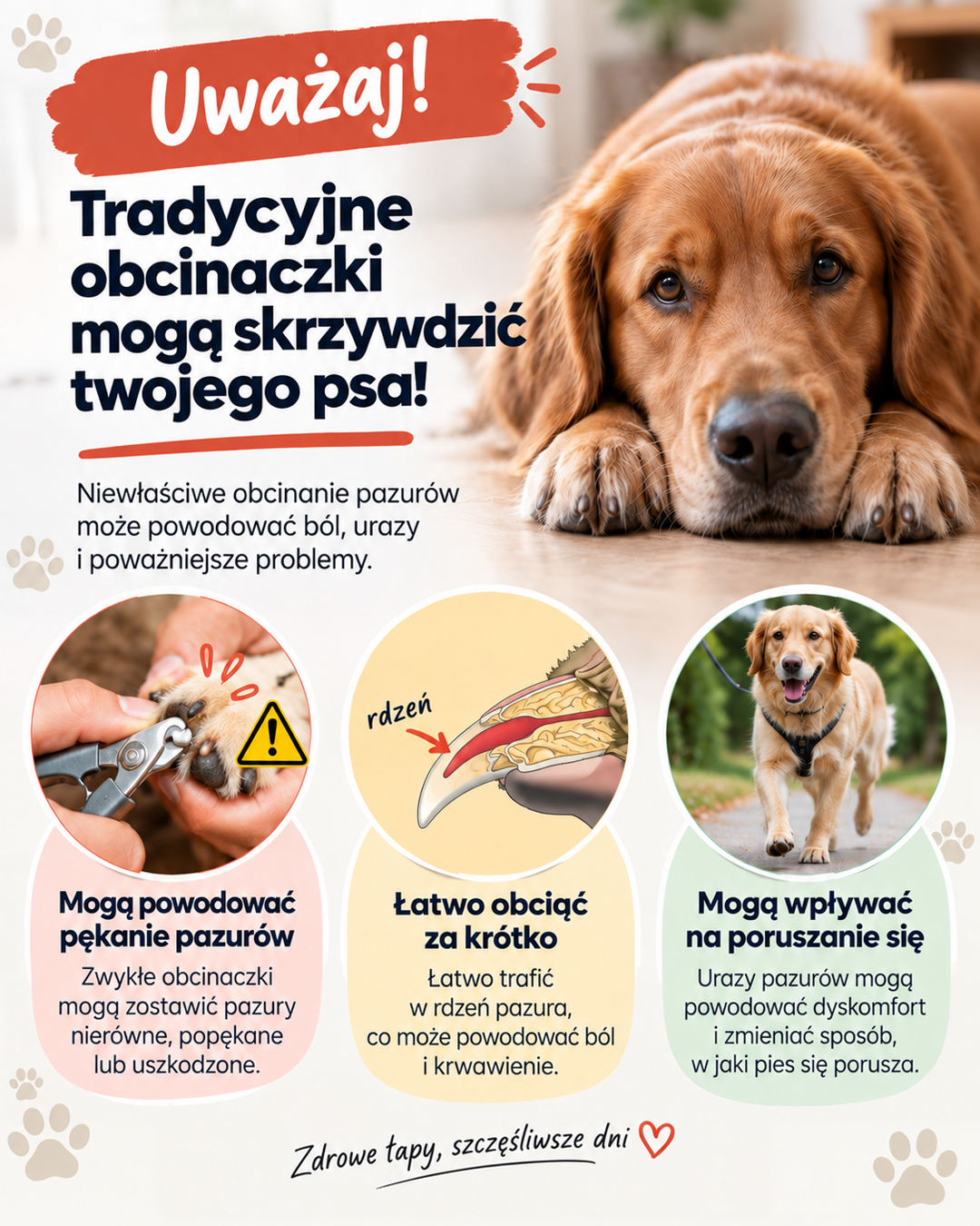 Plansza ostrzegawcza o wadach zwykłych obcinaczy do pazurów, z leżącym psem i trzema ilustracjami 4