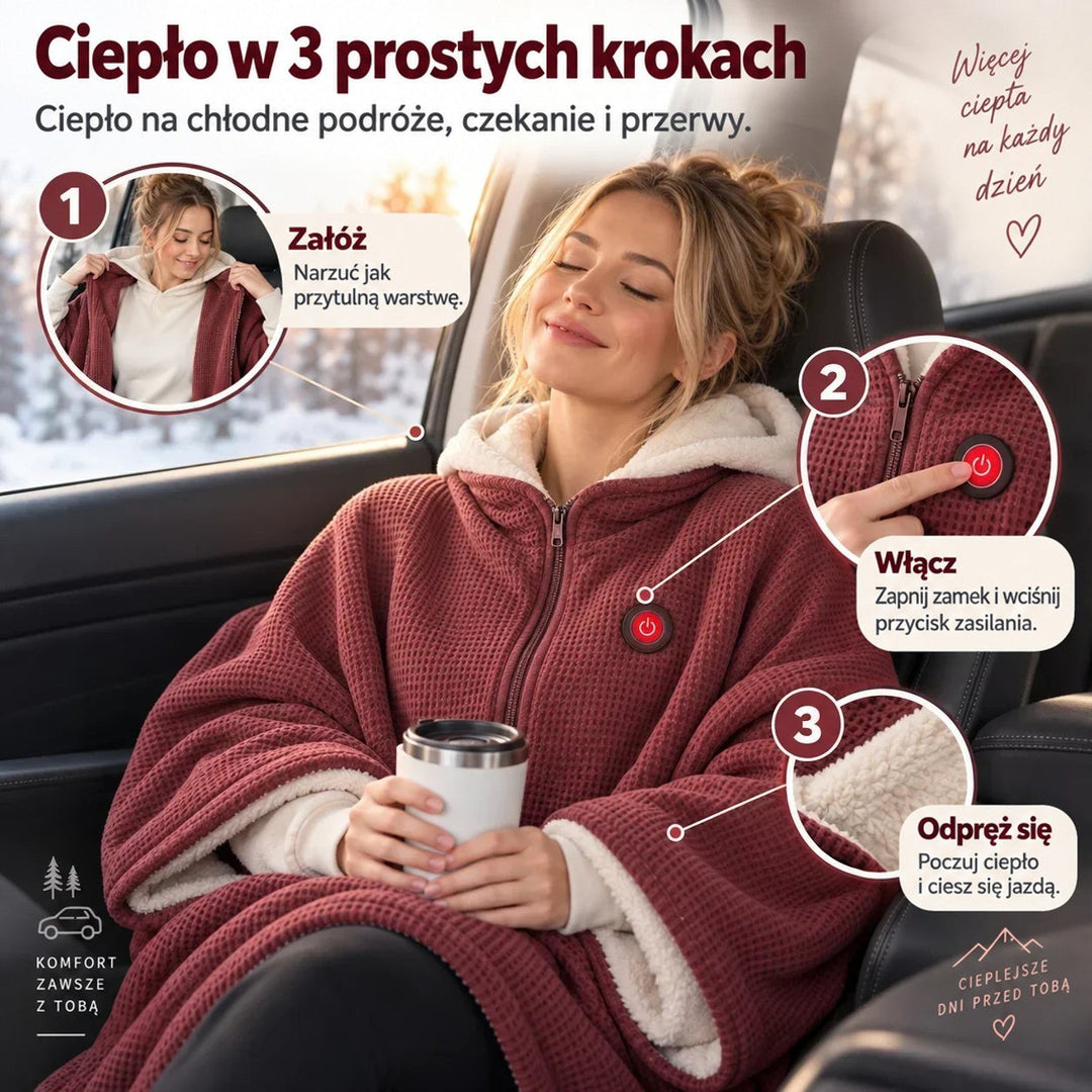 Kobieta w bordowej narzutce z kapturem w samochodzie, z trzema krokami użycia w kółkach 5