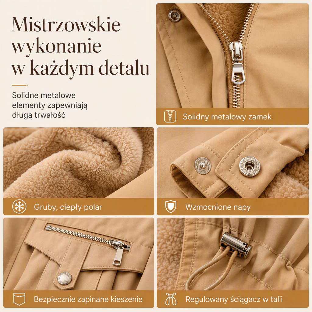 Kolaż zbliżeń beżowej parki: metalowy zamek, polarowa podszewka, napy przy mankiecie, kieszeń na suwak i sznurek w talii 5