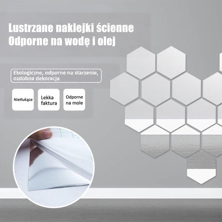 Sześciokątne lustrzane naklejki na szarej ścianie oraz zbliżenie na odklejanie warstwy ochronnej od folii 4