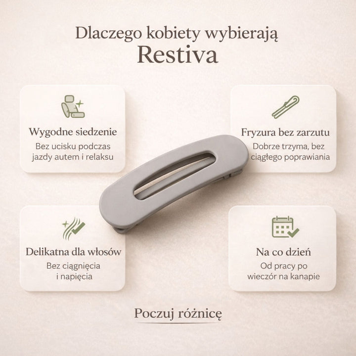 Szara spinka na jasnym tle, wokół cztery ramki z ikonami zalet noszenia 3