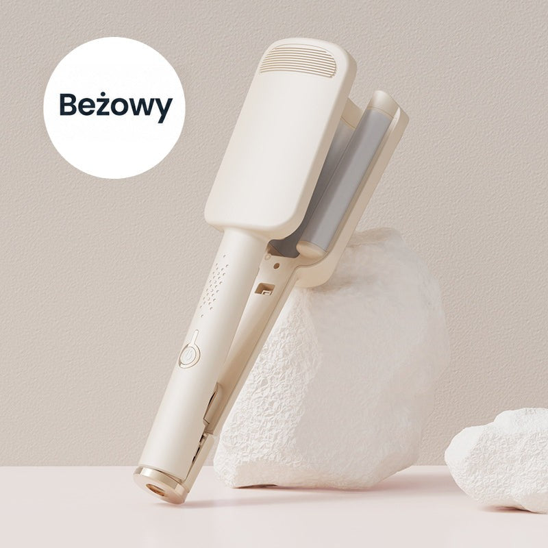 Beżowa lokówka falowa oparta o białą skałę dekoracyjną na beżowym tle 10