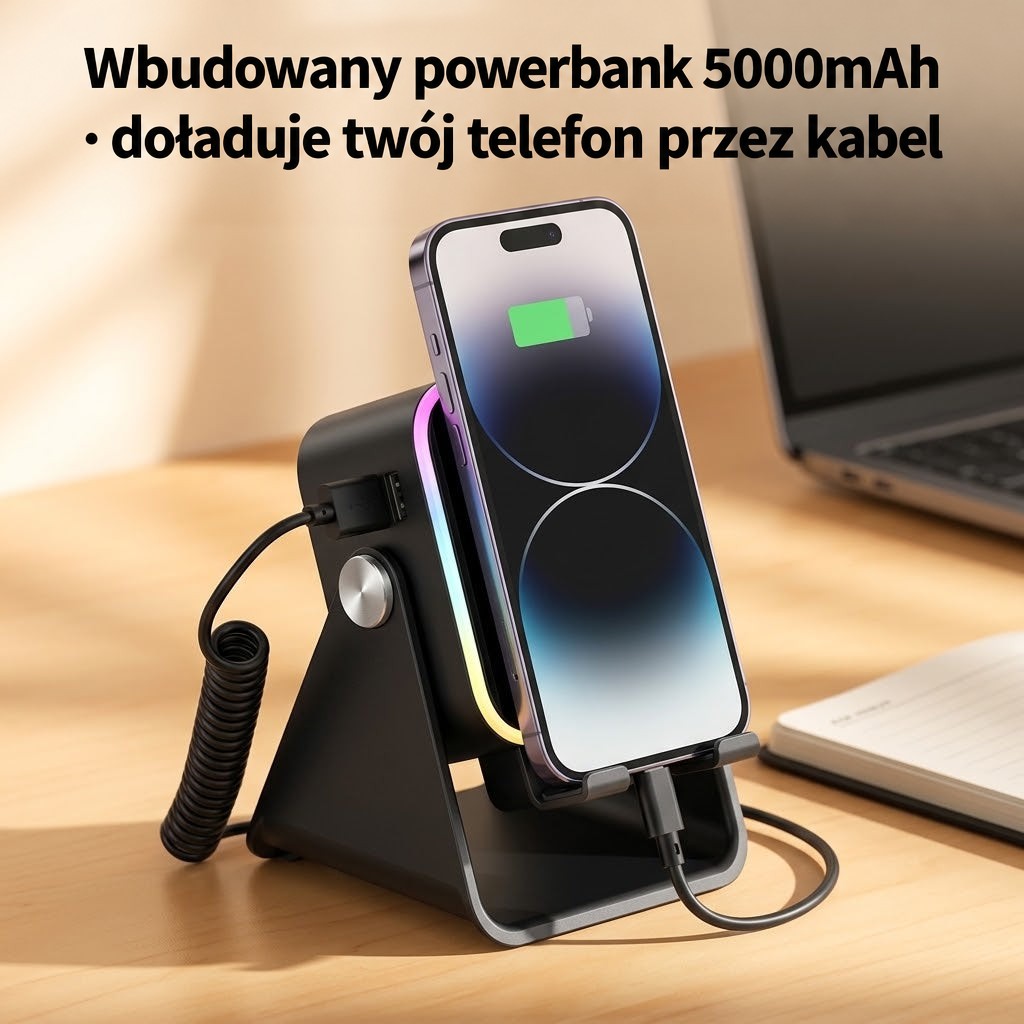 Telefon w podstawce ładowany kablem z wbudowanego powerbanku, obok laptop i notes na biurku 5