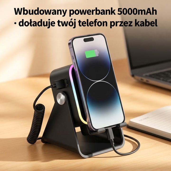 Telefon w podstawce ładowany kablem z wbudowanego powerbanku, obok laptop i notes na biurku 5