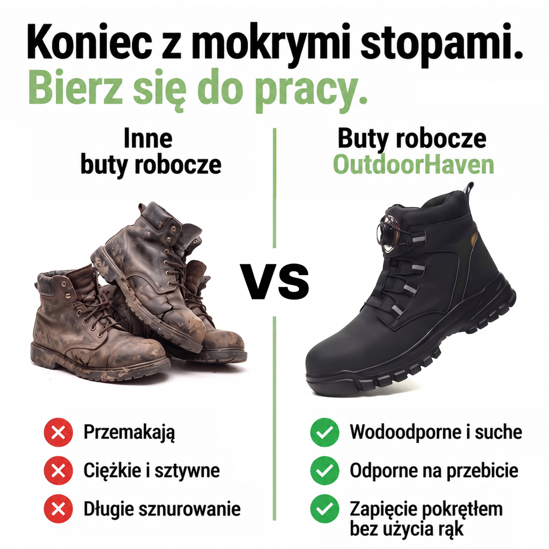 Zestawienie zniszczonych brązowych butów roboczych z czarnym butem z pokrętłem, z listą wad i zalet 4