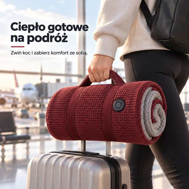 Zwinięty bordowy koc z paskami i uchwytem niesiony w ręce, przypięty do walizki na lotnisku 2