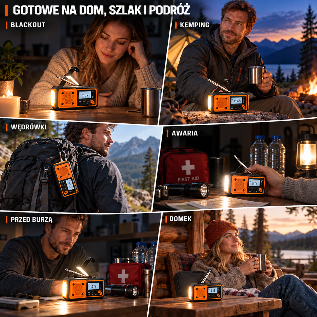 Kolaż sześciu scen użycia radia: podczas blackoutu, biwaku, wędrówki, awarii, burzy i w chacie 9