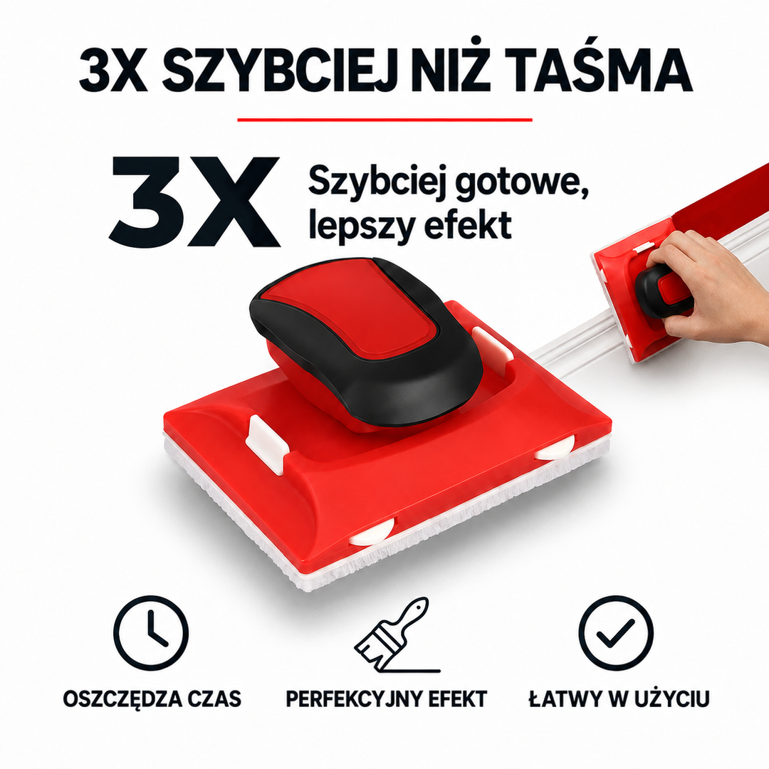 Narzędzie z filcową podkładką w zbliżeniu, w tle dłoń maluje krawędź przy białej listwie 6