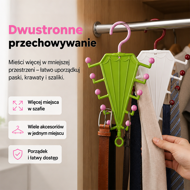 Zielony i biały wieszak w kształcie parasola na drążku szafy, z paskami, krawatami i szalikami 1