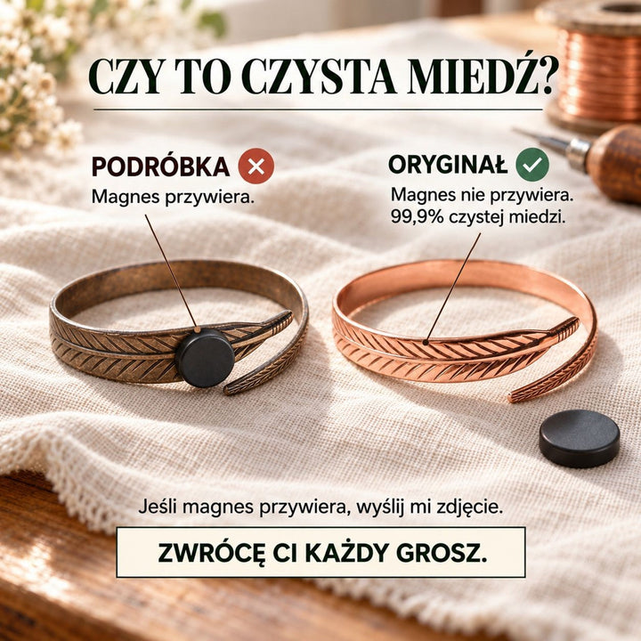 Grafika porównująca dwie bransoletki w kształcie piór z magnesem: jedna przyciąga magnes, druga nie 3