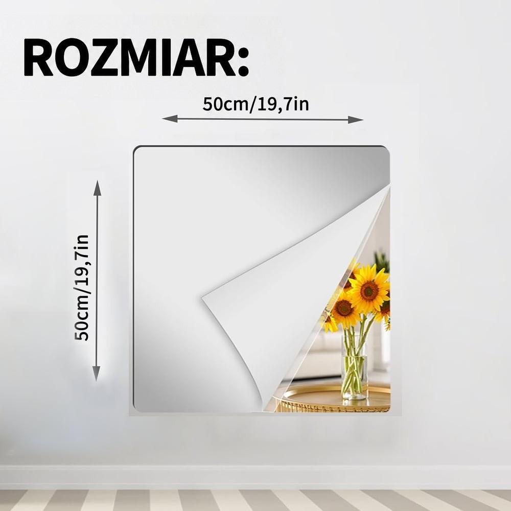 Kwadratowy arkusz lustrzanej folii z odgiętym rogiem na ścianie, z oznaczonymi wymiarami 50 na 50 cm 11