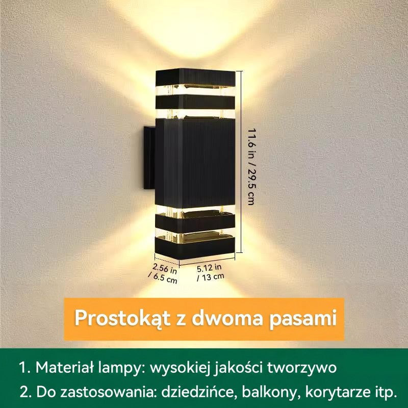 Grafika z wymiarami prostokątnego kinkietu z dwoma pierścieniami świetlnymi, wysokość około 29,5 cm 17