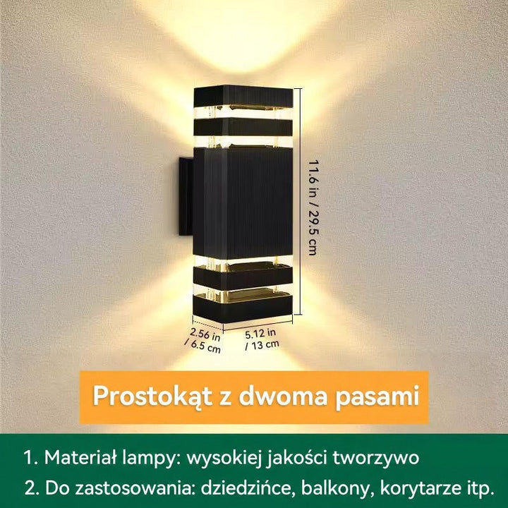 Grafika z wymiarami prostokątnego kinkietu z dwoma pierścieniami świetlnymi, wysokość około 29,5 cm 17
