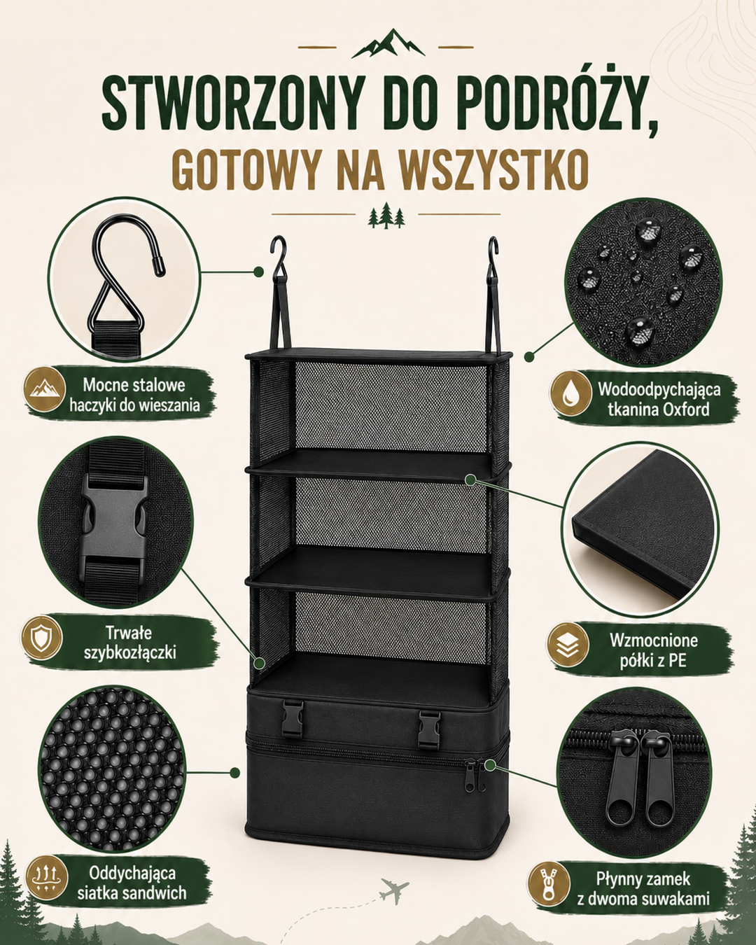 Czarny organizer z powiększonymi detalami: hak, klamra, siatka, wodoodporna tkanina, usztywniona półka i podwójny zamek 2