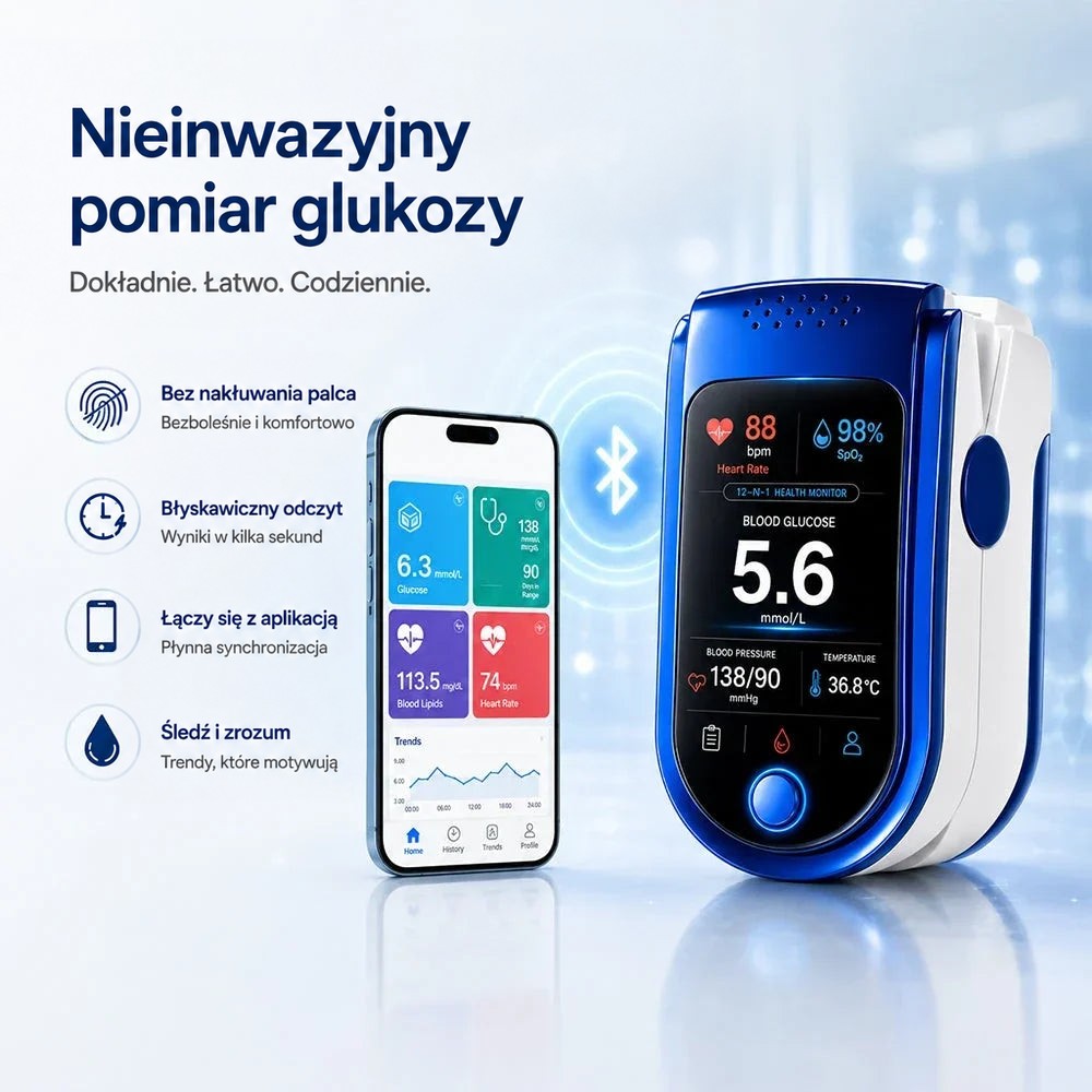 Urządzenie obok smartfona z aplikacją pokazującą wyniki i wykres trendów, między nimi symbol łączności Bluetooth. 10