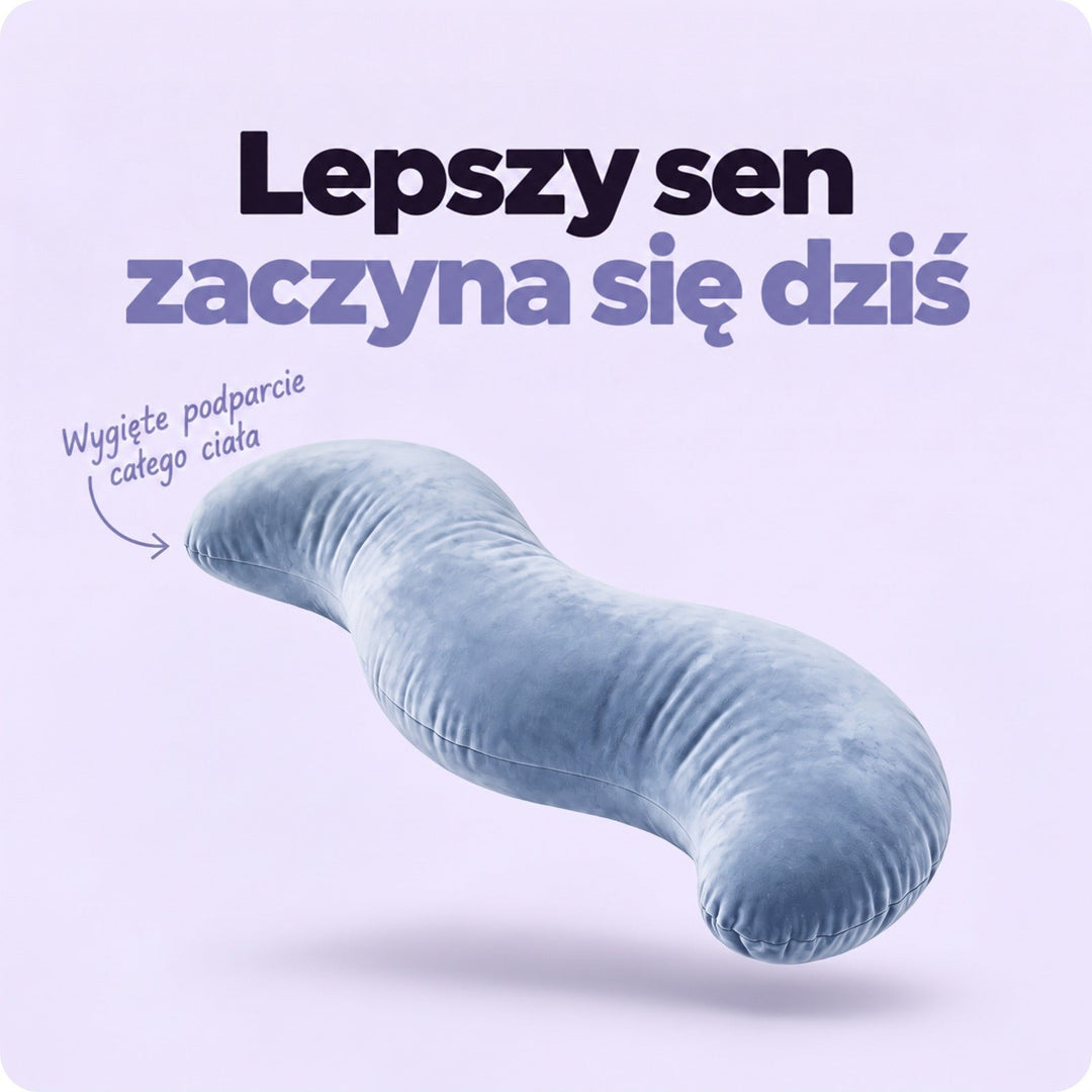 Niebieska welurowa poduszka w kształcie litery S, unosząca się na jasnofioletowym tle 1