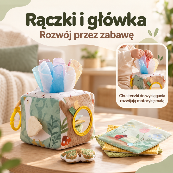Kostka z chusteczkami na stoliku w salonie, obok miękkie karteczki i motyl; w ramce dziecko wyciąga chusteczki 2