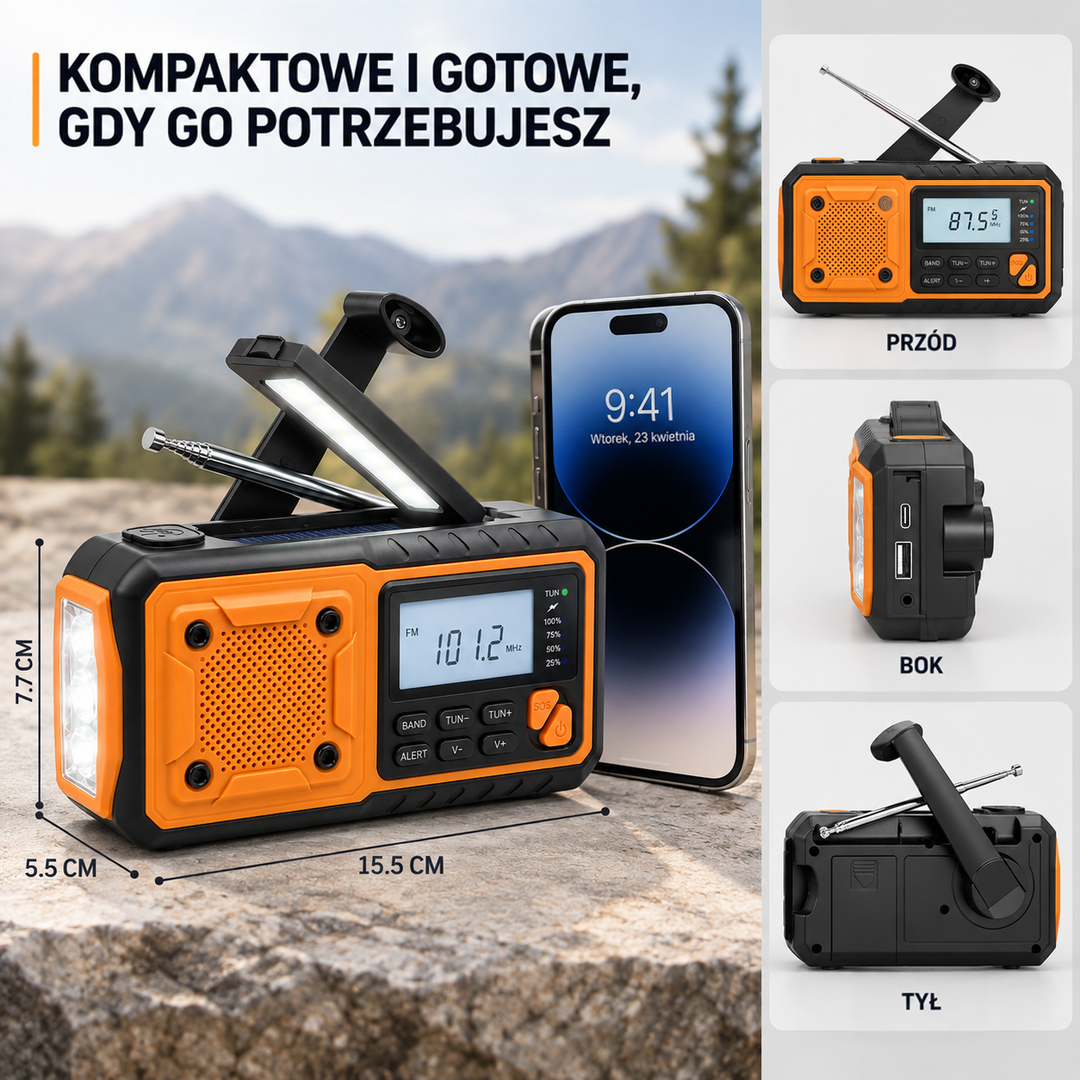 Radio obok smartfona na skale z wymiarami oraz widokami z przodu, z boku i z tyłu 3