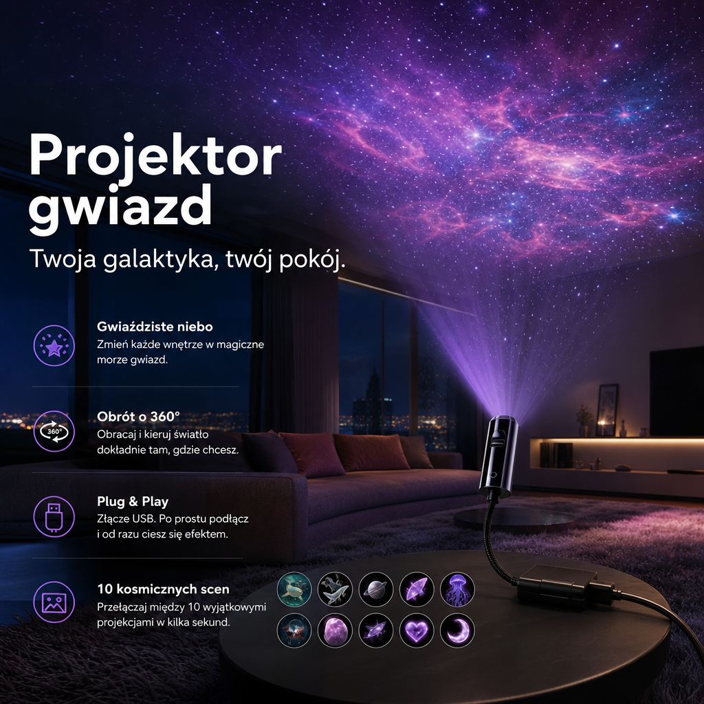 Projektor na elastycznej szyi stoi na okrągłym stole w salonie i rzuca fioletową galaktykę na sufit 5