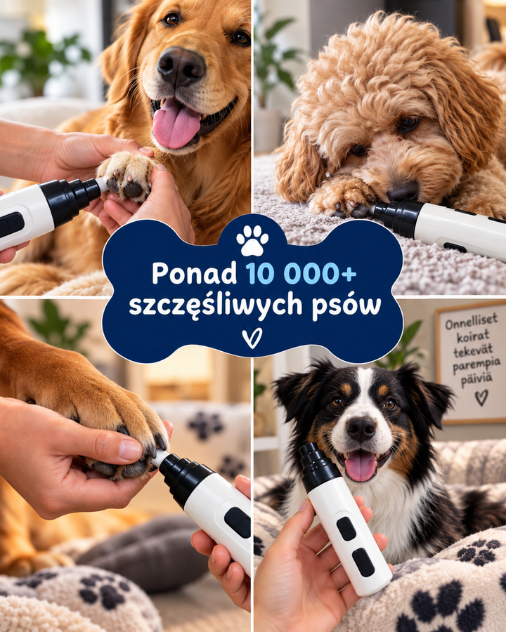 Kolaż czterech zdjęć psów różnych ras podczas szlifowania pazurów, pośrodku granatowa plakietka w kształcie kości 10