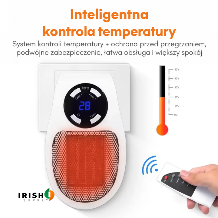Grzejnik wpięty w gniazdko ścienne z wyświetlaczem temperatury, obok termometr i pilot w dłoni 4