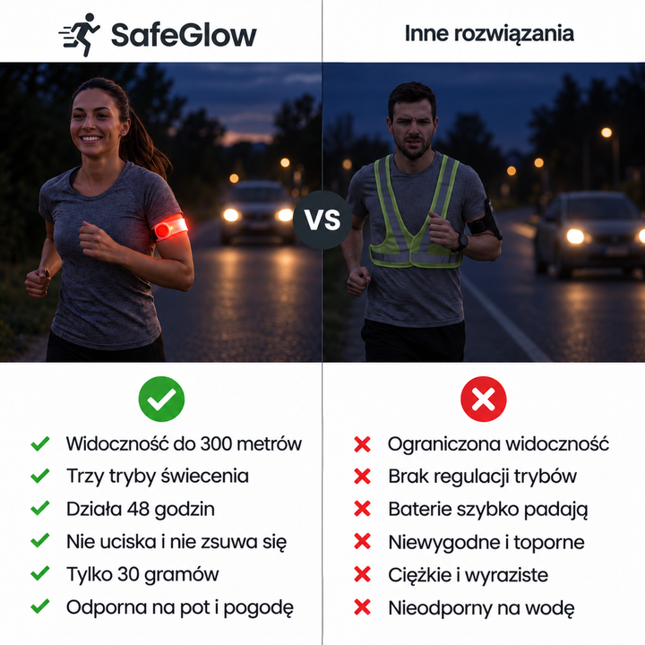 Zestawienie biegaczki z opaską LED i biegacza w odblaskowej kamizelce, z listą porównawczą 6
